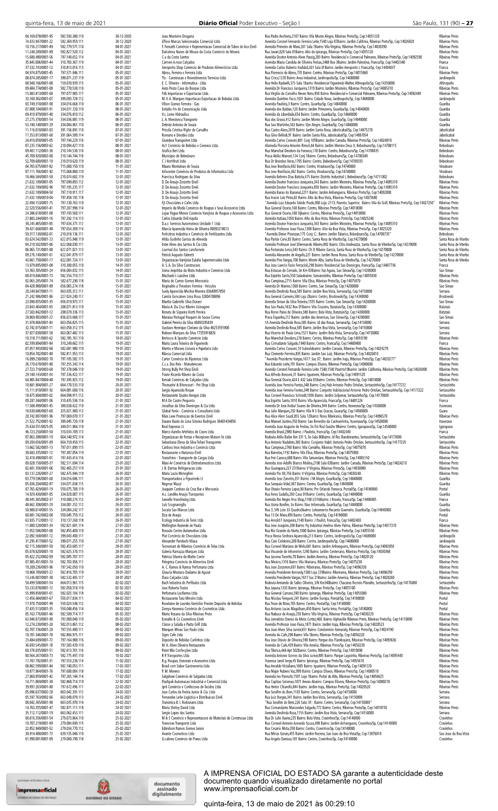 A IMPRENSA OFICIAL DO ESTADO SA Garante a Autenticidade Deste