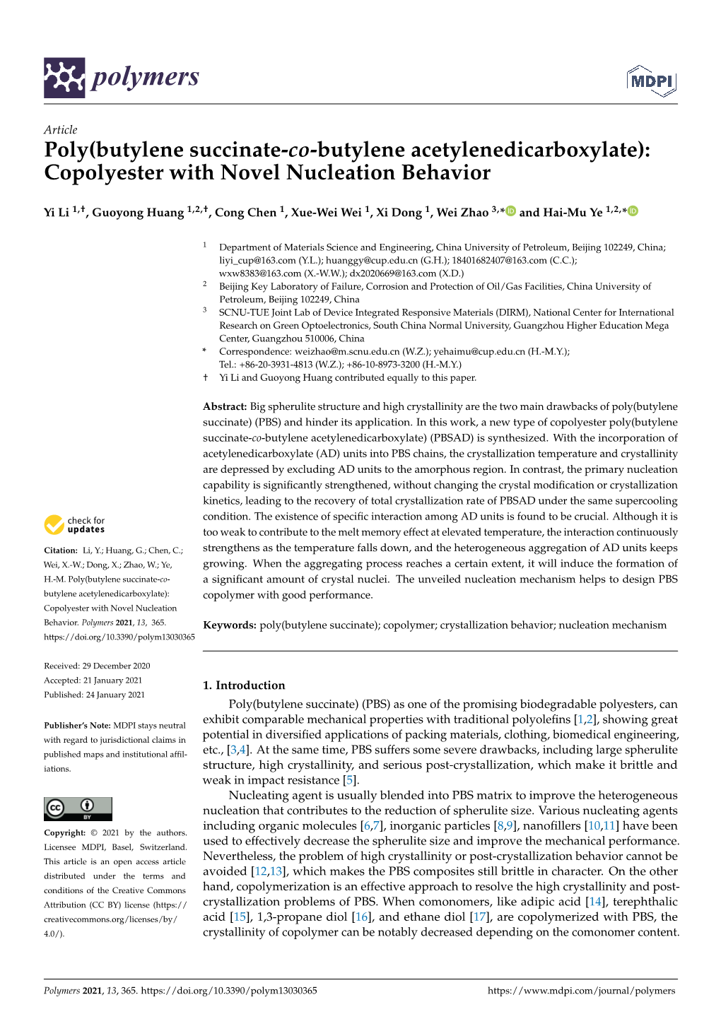 Poly(Butylene Succinate-Co-Butylene Acetylenedicarboxylate): Copolyester with Novel Nucleation Behavior