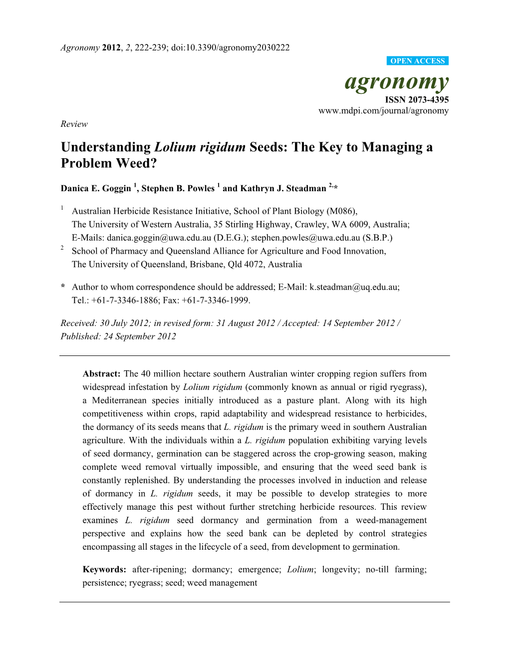 Understanding Lolium Rigidum Seeds: the Key to Managing a Problem Weed?