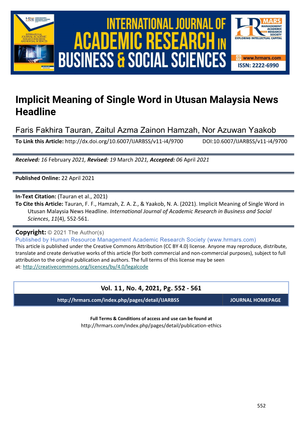 Implicit Meaning of Single Word in Utusan Malaysia News Headline