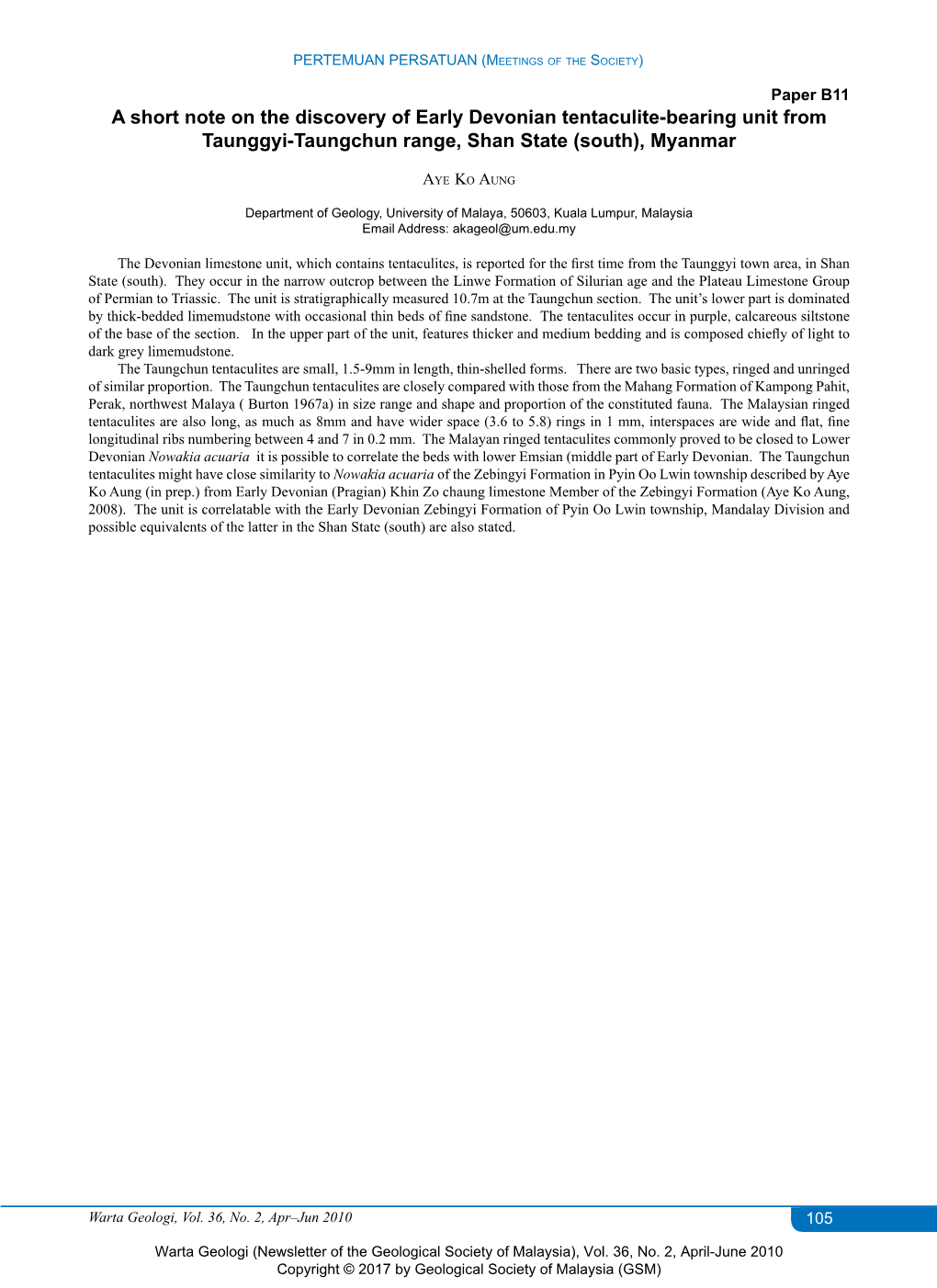 A Short Note on the Discovery of Early Devonian Tentaculite-Bearing Unit from Taunggyi-Taungchun Range, Shan State (South), Myanmar