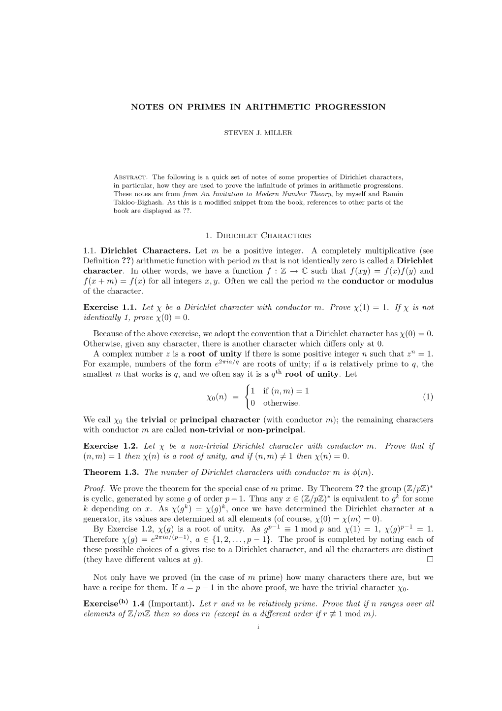 Handout on Primes in Arithmetic Progressions