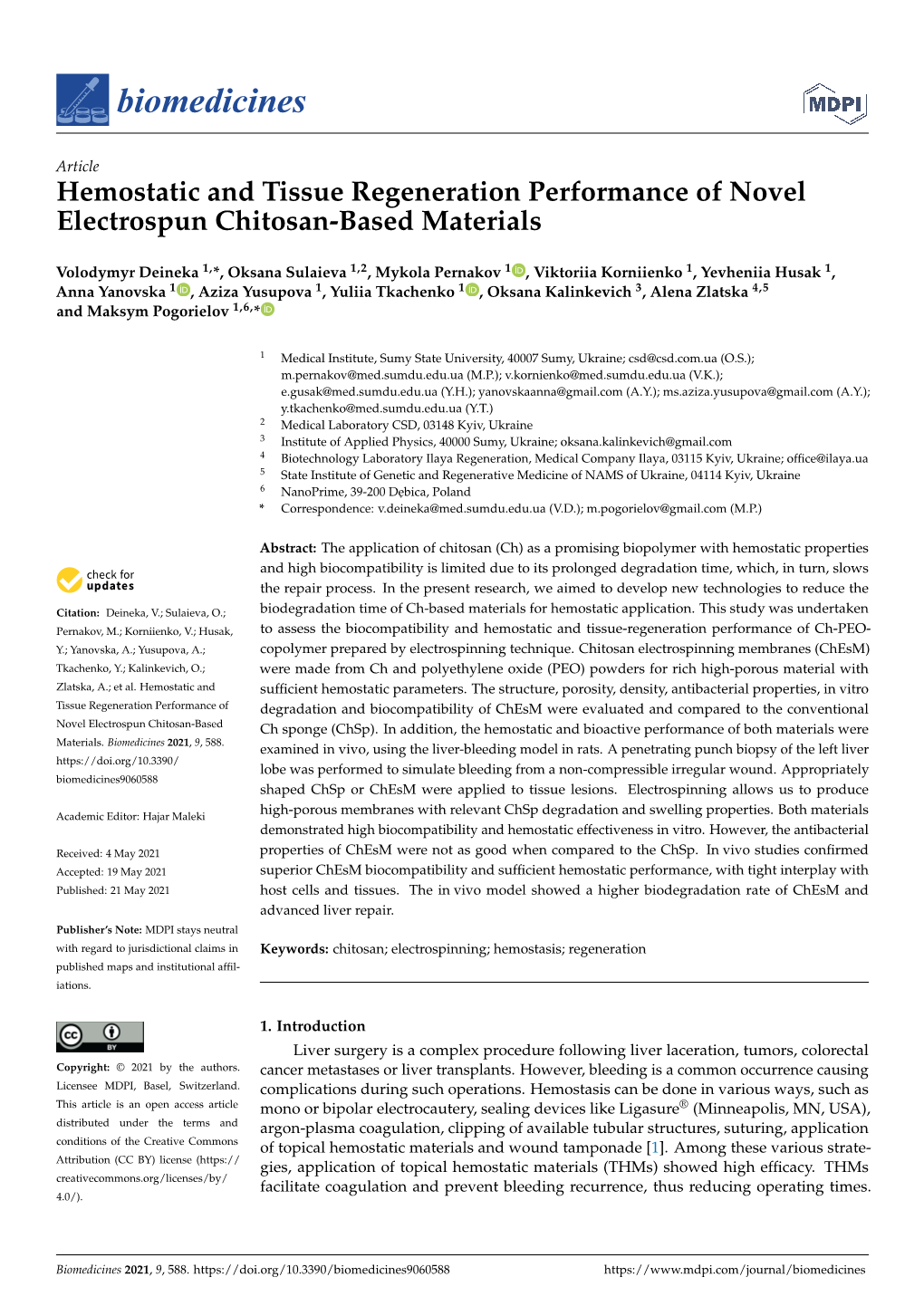 Hemostatic and Tissue Regeneration Performance of Novel Electrospun Chitosan-Based Materials