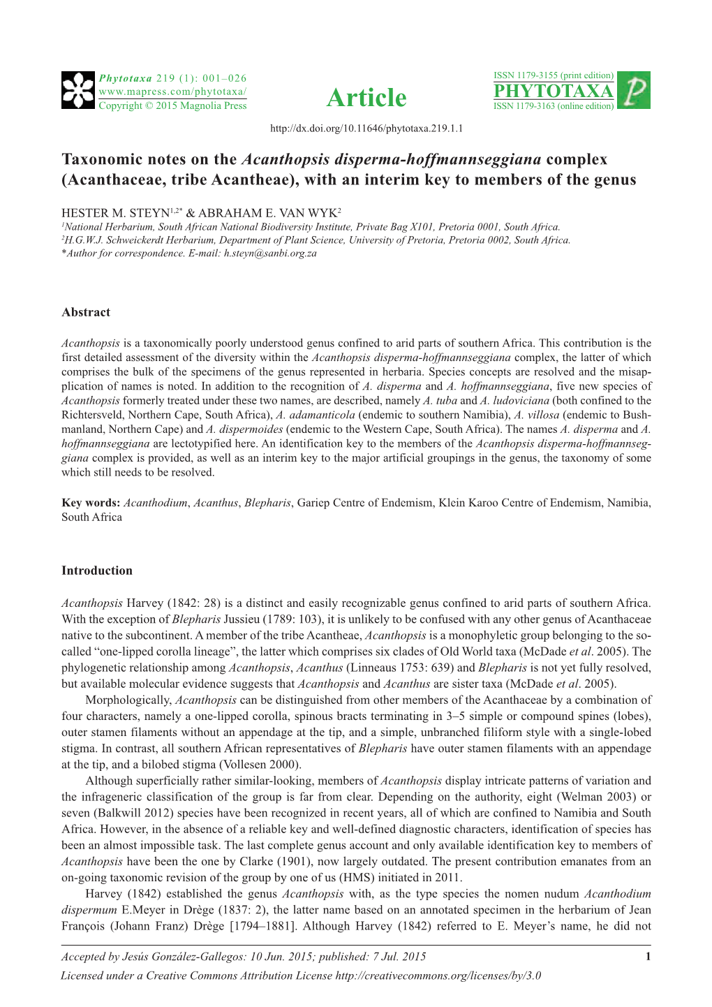 Taxonomic Notes on the Acanthopsis Disperma-Hoffmannseggiana Complex (Acanthaceae, Tribe Acantheae), with an Interim Key to Members of the Genus