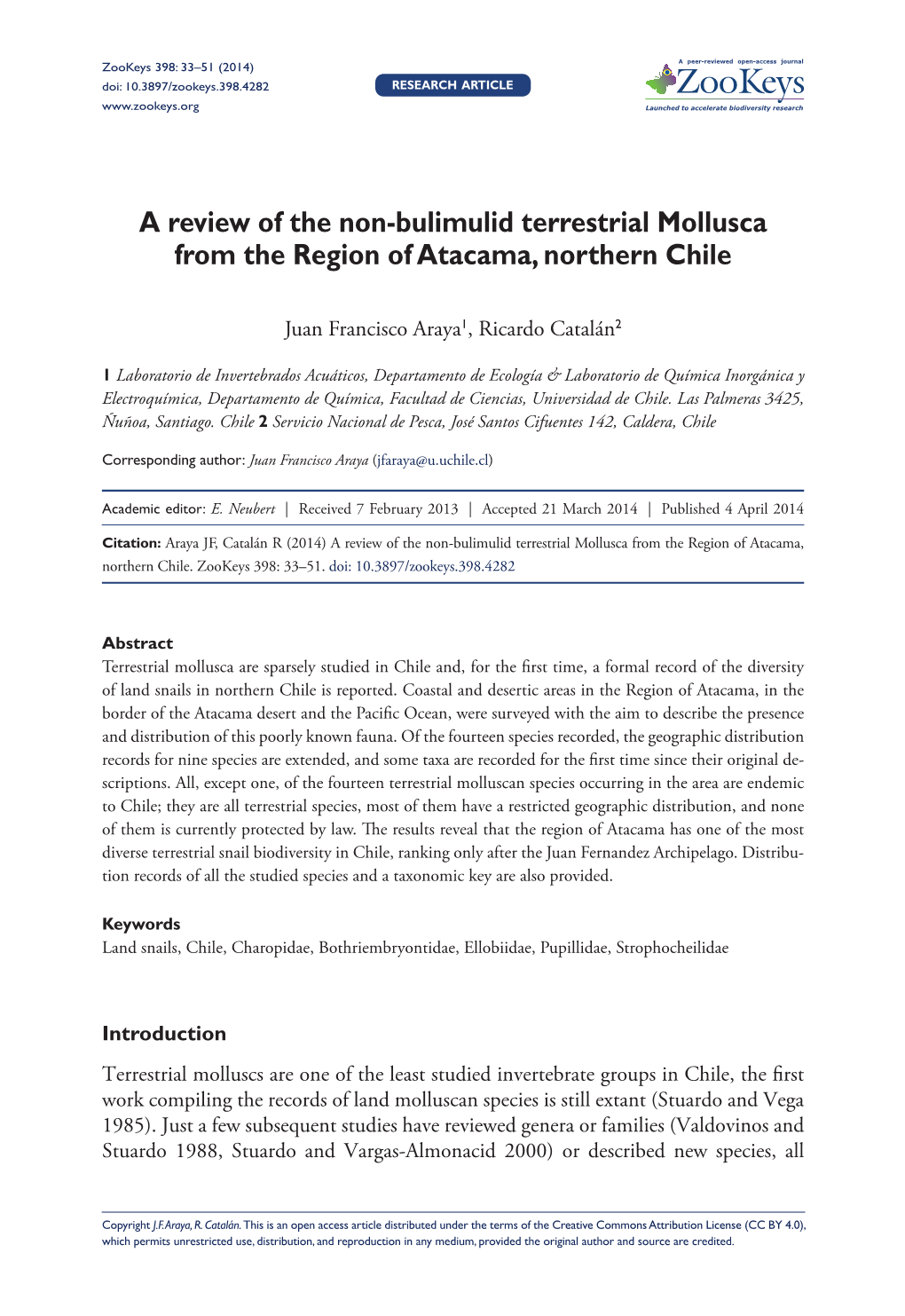 A Review of the Non-Bulimulid Terrestrial Mollusca from the Region of Atacama, Northern Chile