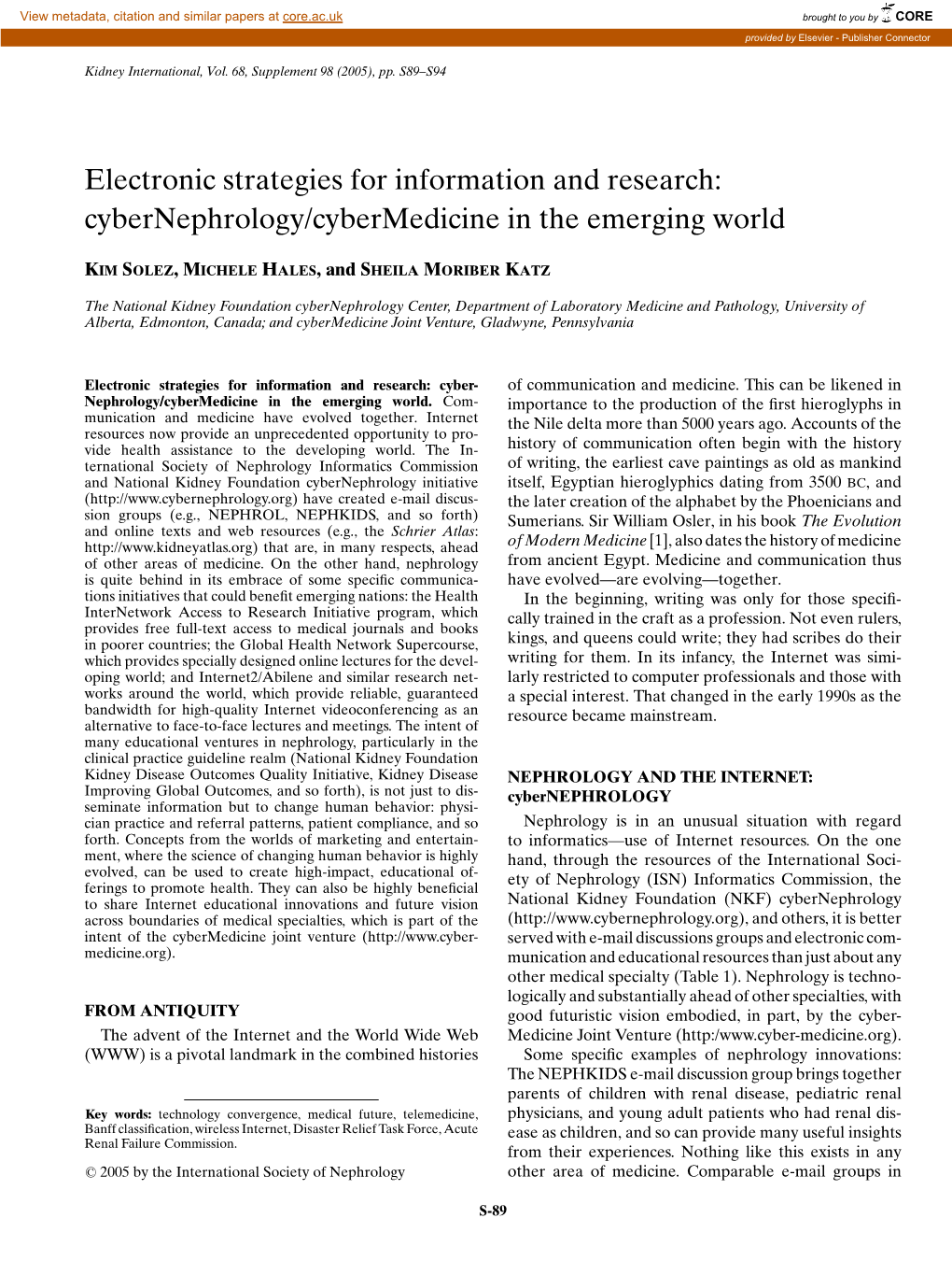 Electronic Strategies for Information and Research: Cybernephrology/Cybermedicine in the Emerging World
