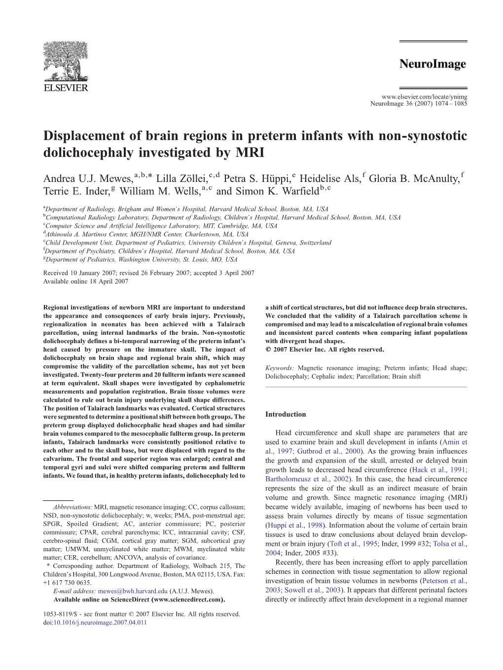 Displacement of Brain Regions in Preterm Infants with Non-Synostotic Dolichocephaly Investigated by MRI ⁎ Andrea U.J