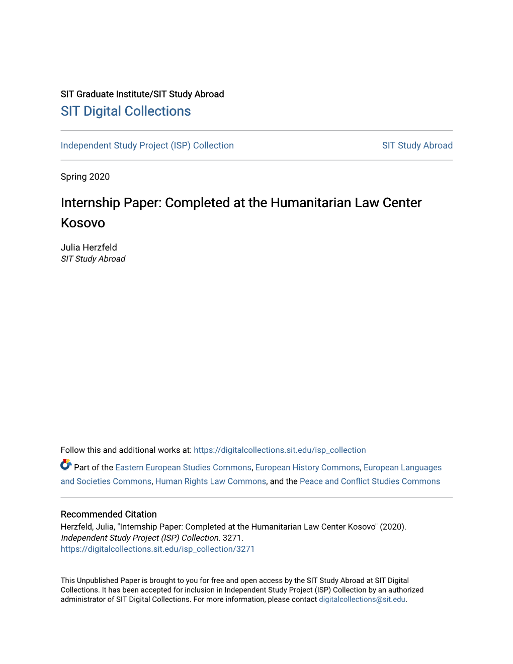Internship Paper: Completed at the Humanitarian Law Center Kosovo