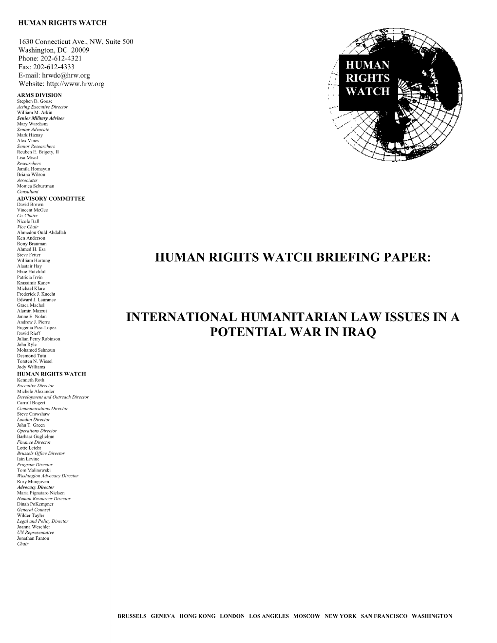 Human Rights Watch Briefing Paper: International Humanitarian Law Issues in a 2 Potential War in Iraq the Iraqi Government Has Used Human Shields in the Past