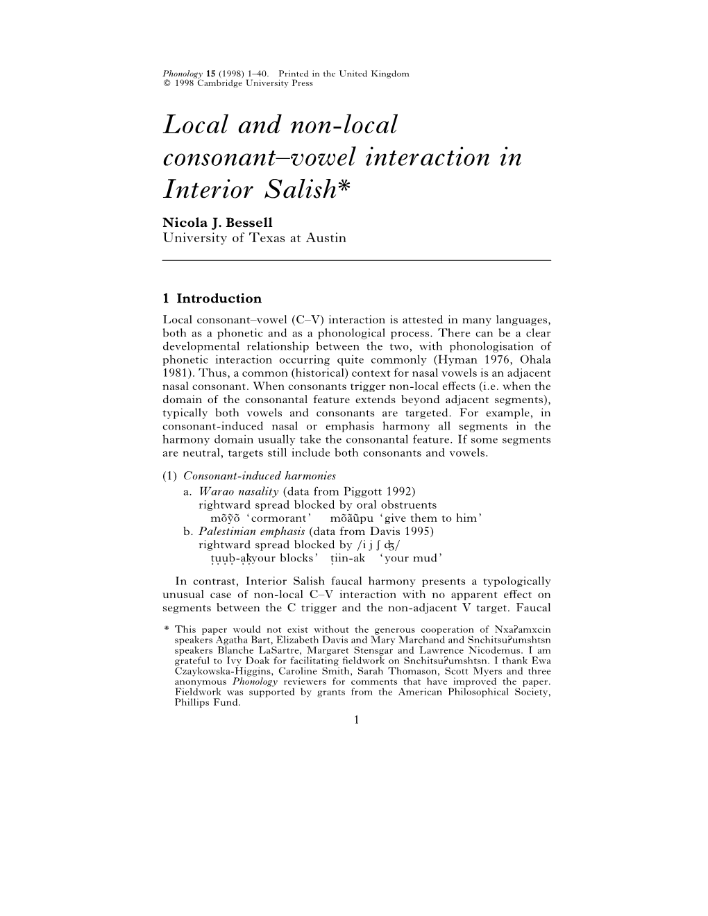 Local and Non-Local Consonant–Vowel Interaction in Interior Salish* Nicola J