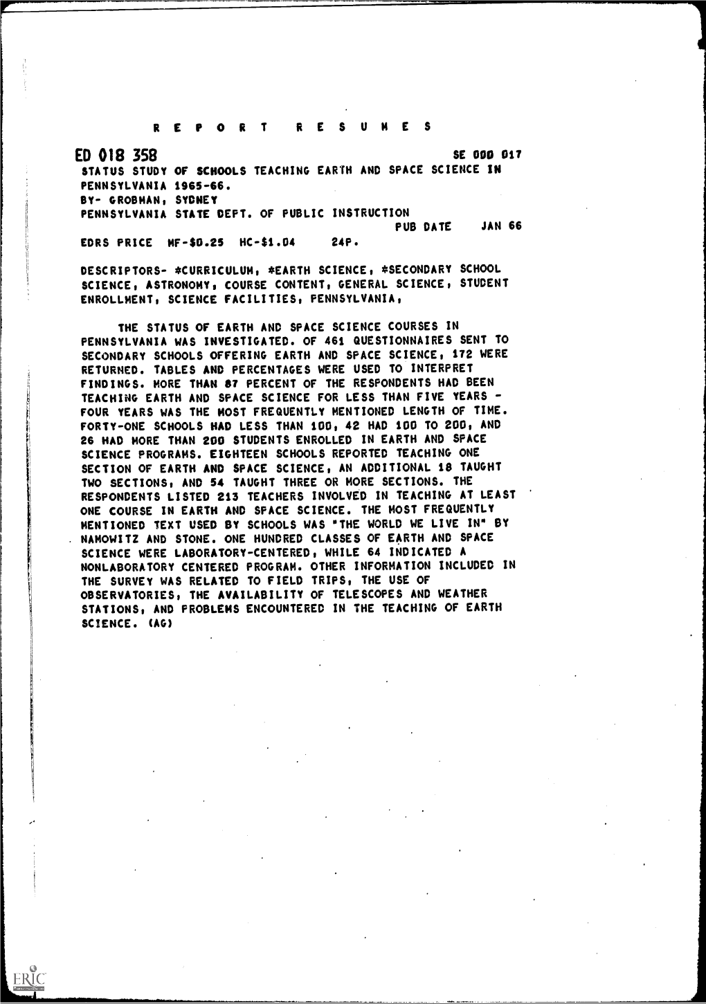 Status Study of Schools Teaching Earth and Space Science in Pennsylvania 1965-66