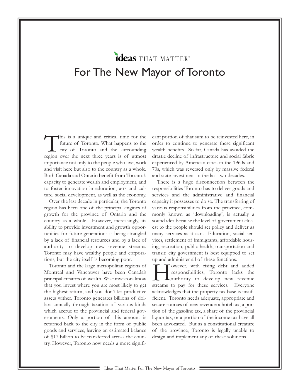 Read Ideas That Matter for the New Mayor of Toronto