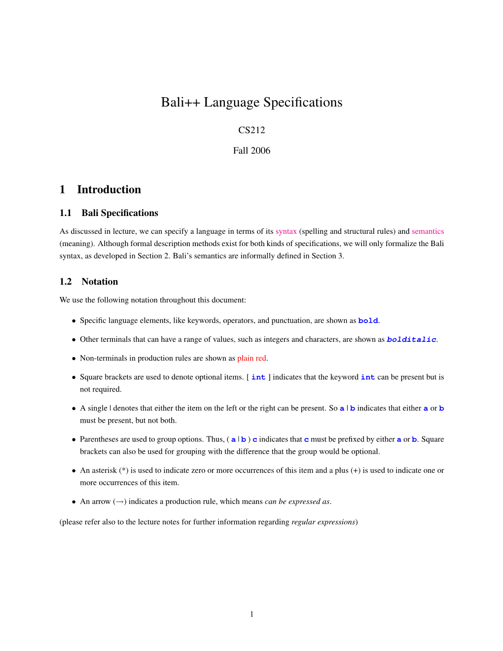 Bali++ Language Specifications