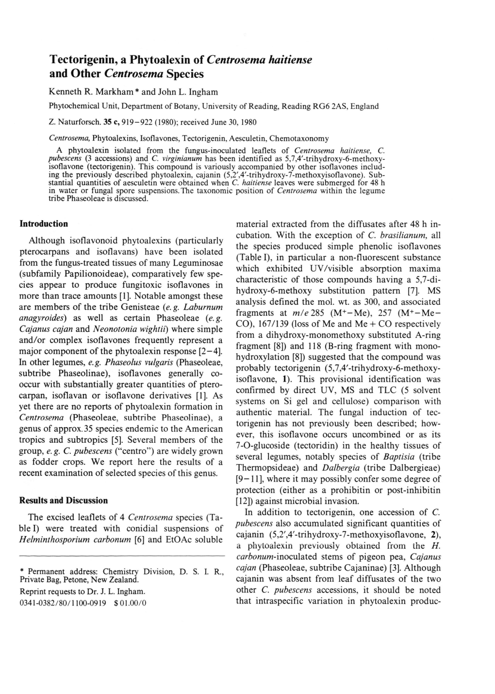 Tectorigenin, a Phytoalexin of Centrosema Haitiense and Other Centrosema Species