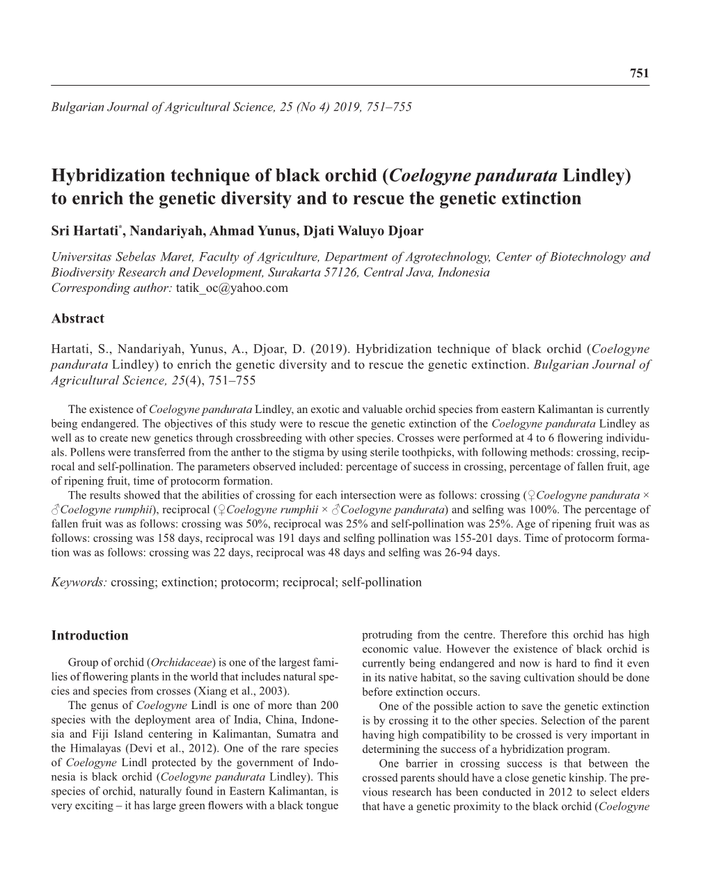 Coelogyne Pandurata Lindley) to Enrich the Genetic Diversity and to Rescue the Genetic Extinction