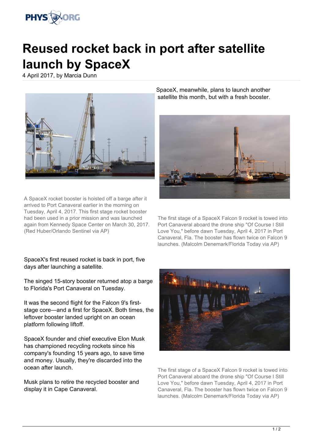 Reused Rocket Back in Port After Satellite Launch by Spacex 4 April 2017, by Marcia Dunn