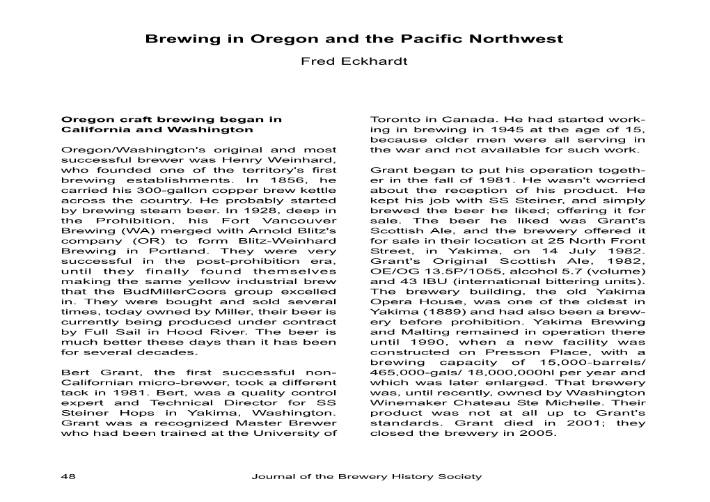 Brewing in Oregon and the Pacific Northwest Fred Eckhardt