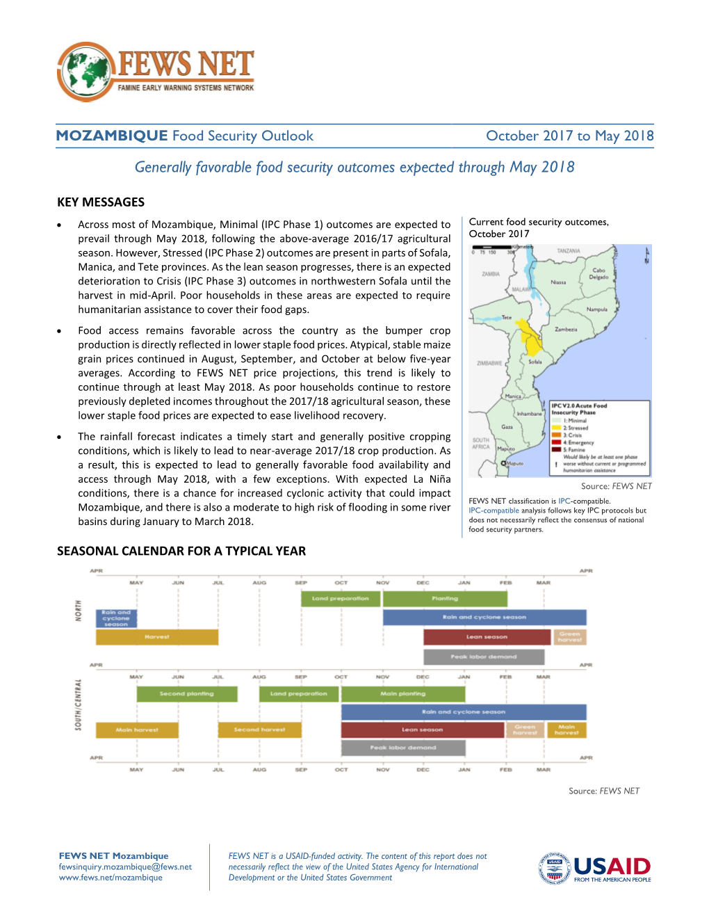 Generally Favorable Food Security Outcomes Expected Through May 2018