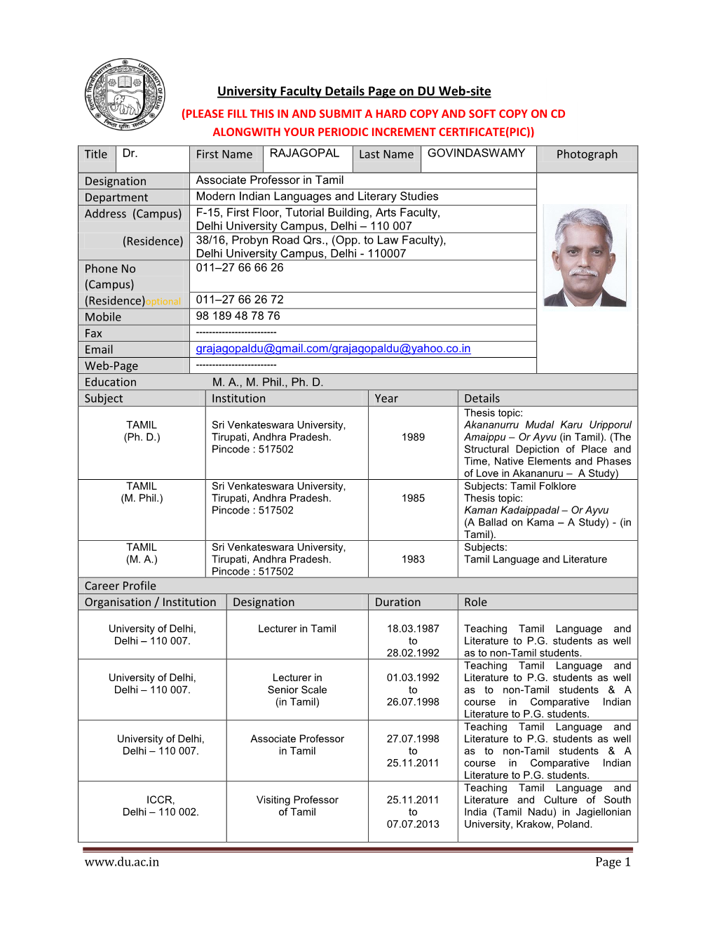 University Faculty Details Page on DU Web-Site