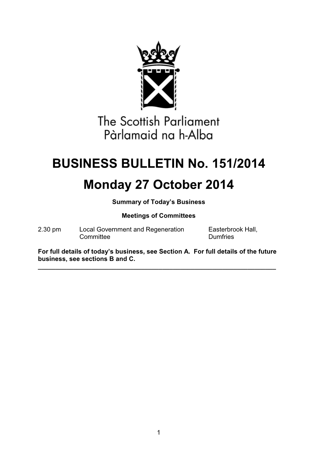 BUSINESS BULLETIN No. 151/2014 Monday 27 October 2014