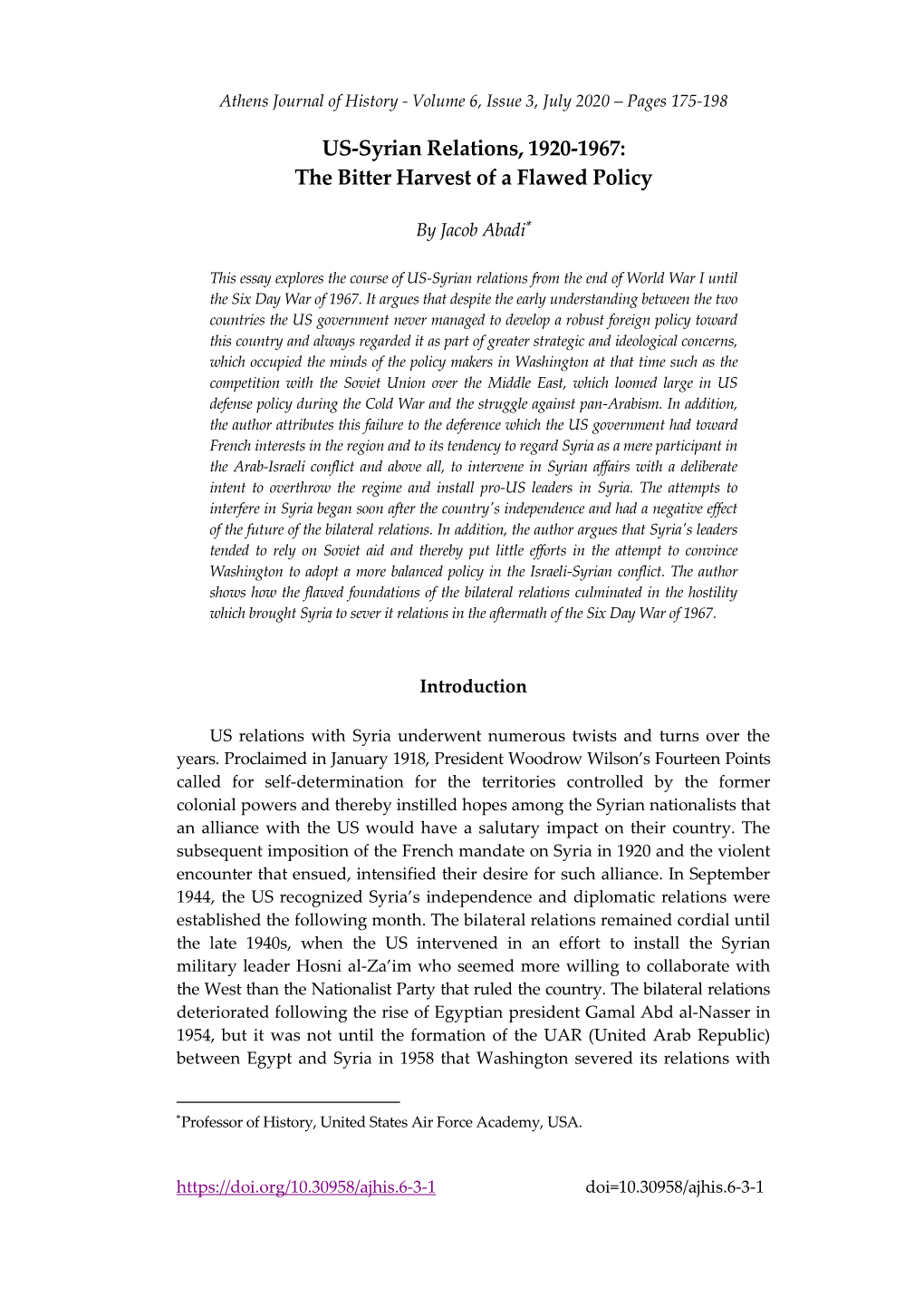 US-Syrian Relations, 1920-1967: the Bitter Harvest of a Flawed Policy