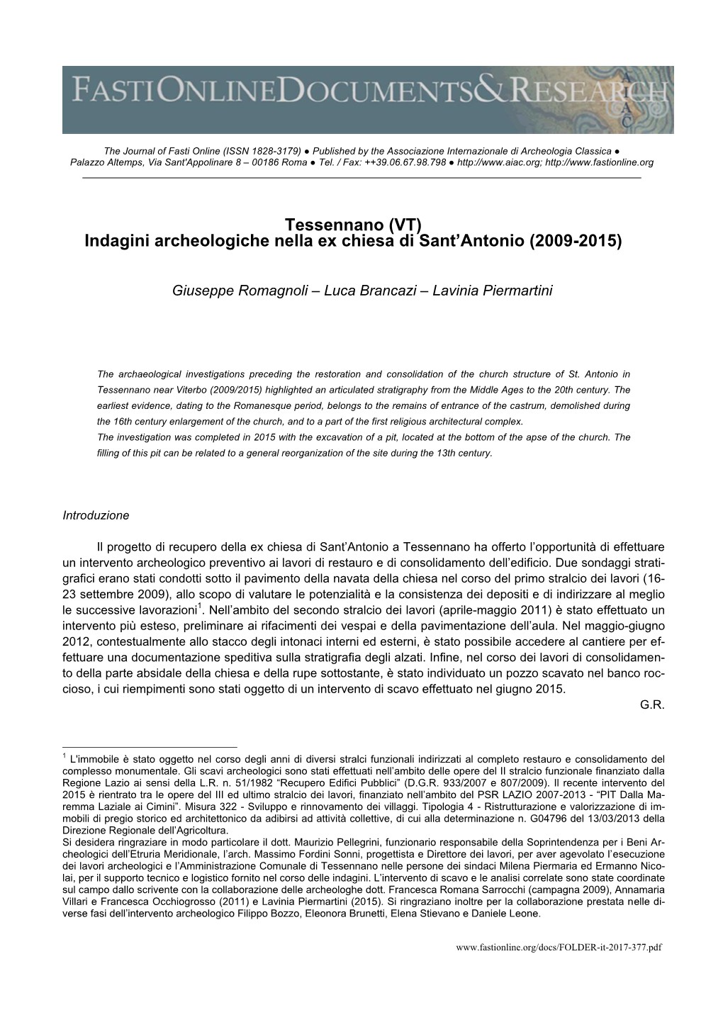 Tessennano (VT) Indagini Archeologiche Nella Ex Chiesa Di Sant’Antonio (2009-2015)