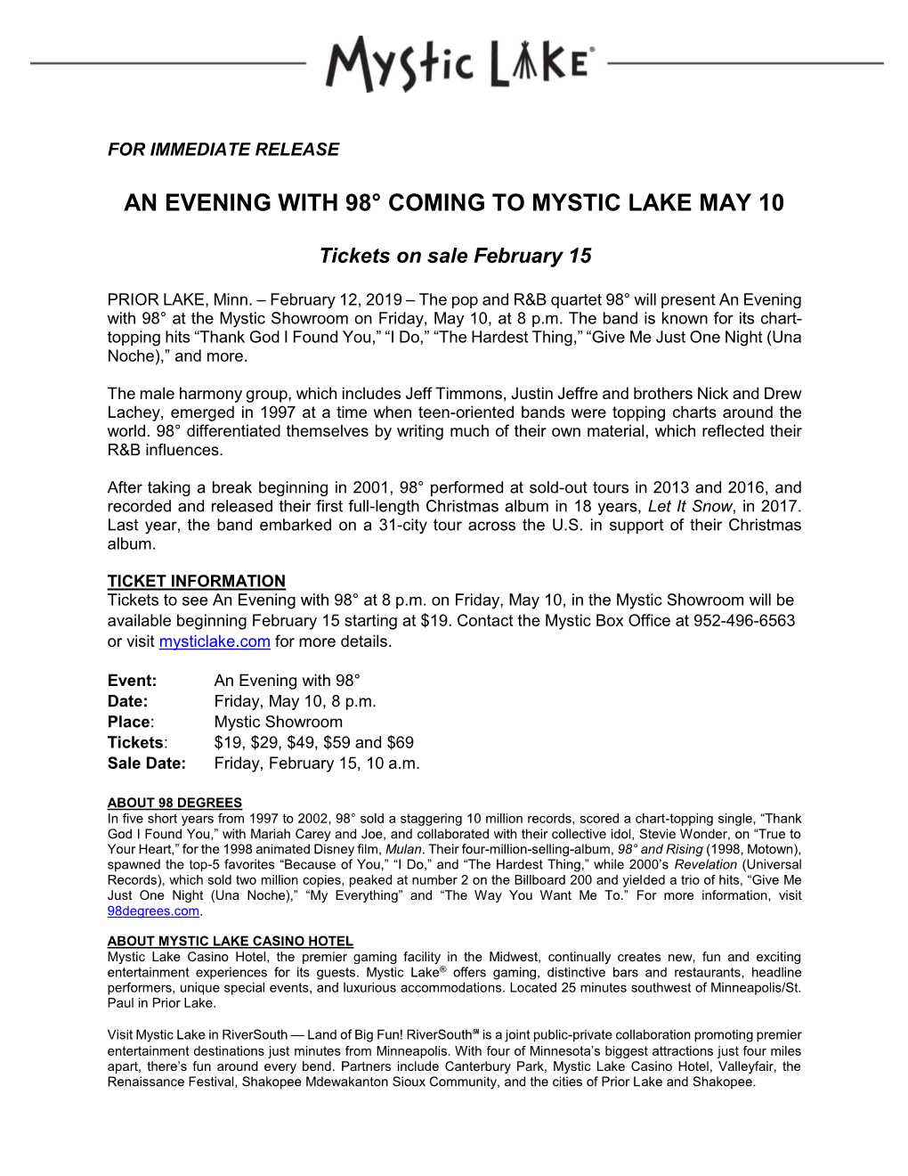 An Evening with 98° Coming to Mystic Lake May 10