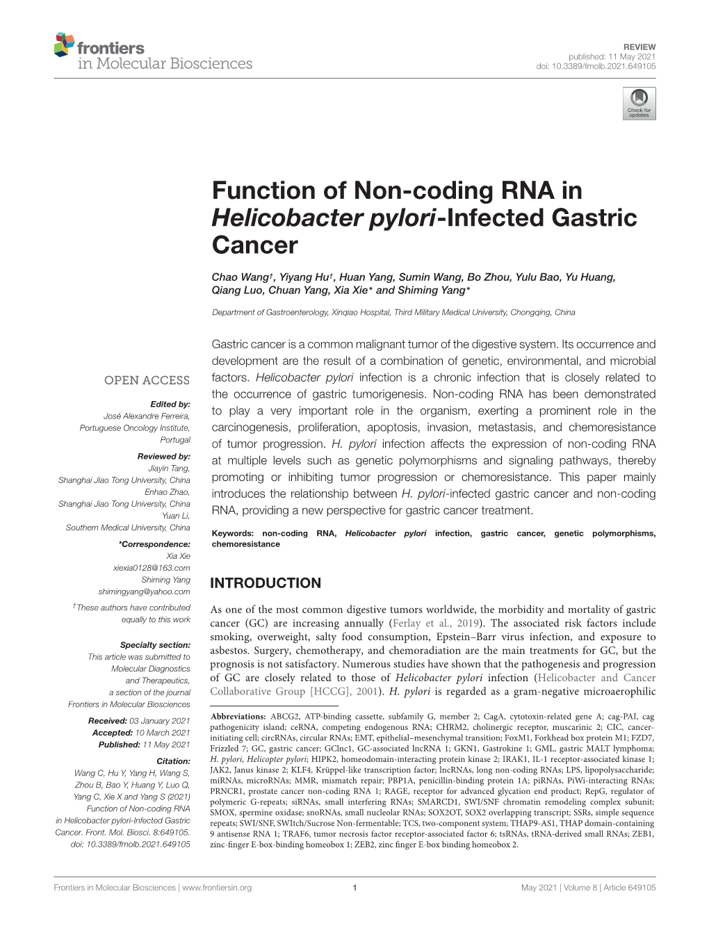 Function of Non-Coding RNA in Helicobacter Pylori-Infected Gastric Cancer