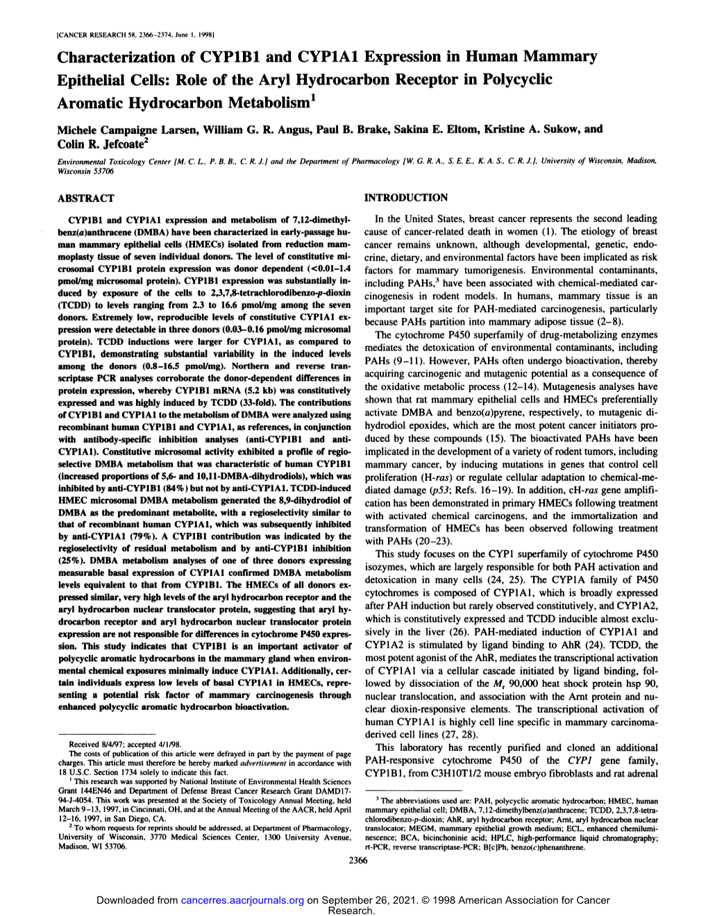 Characterization of CYP1B1 and CYP1A1 Expression in Human Mammary Epithelial Cells