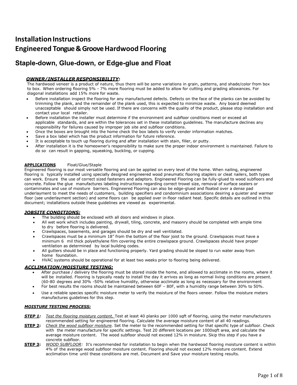 Installation Instructions Engineered Tongue & Groove Hardwood Flooring