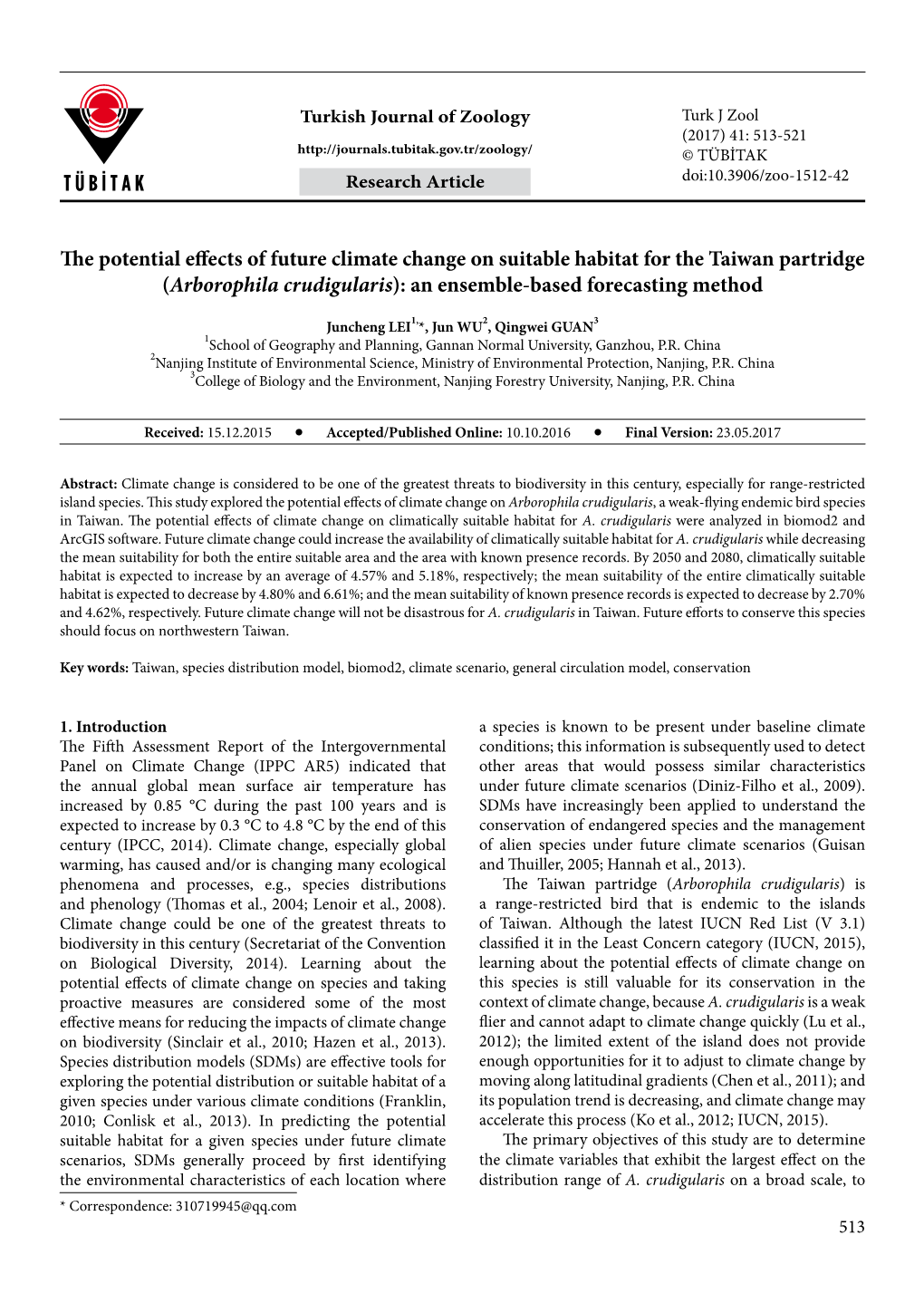 Arborophila Crudigularis): an Ensemble-Based Forecasting Method