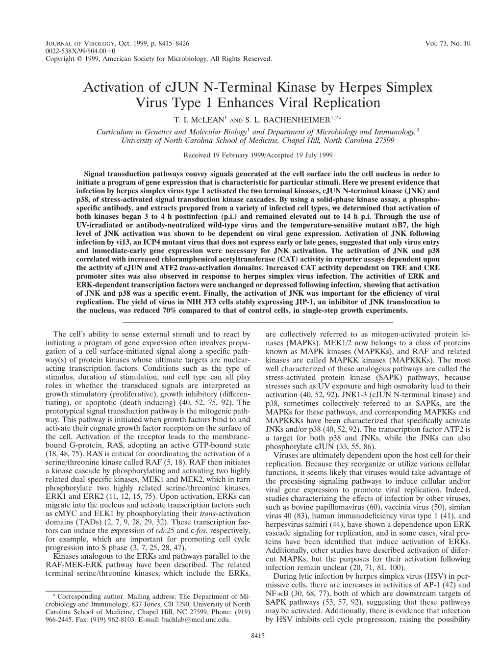 Activation of Cjun N-Terminal Kinase by Herpes Simplex Virus Type 1 Enhances Viral Replication