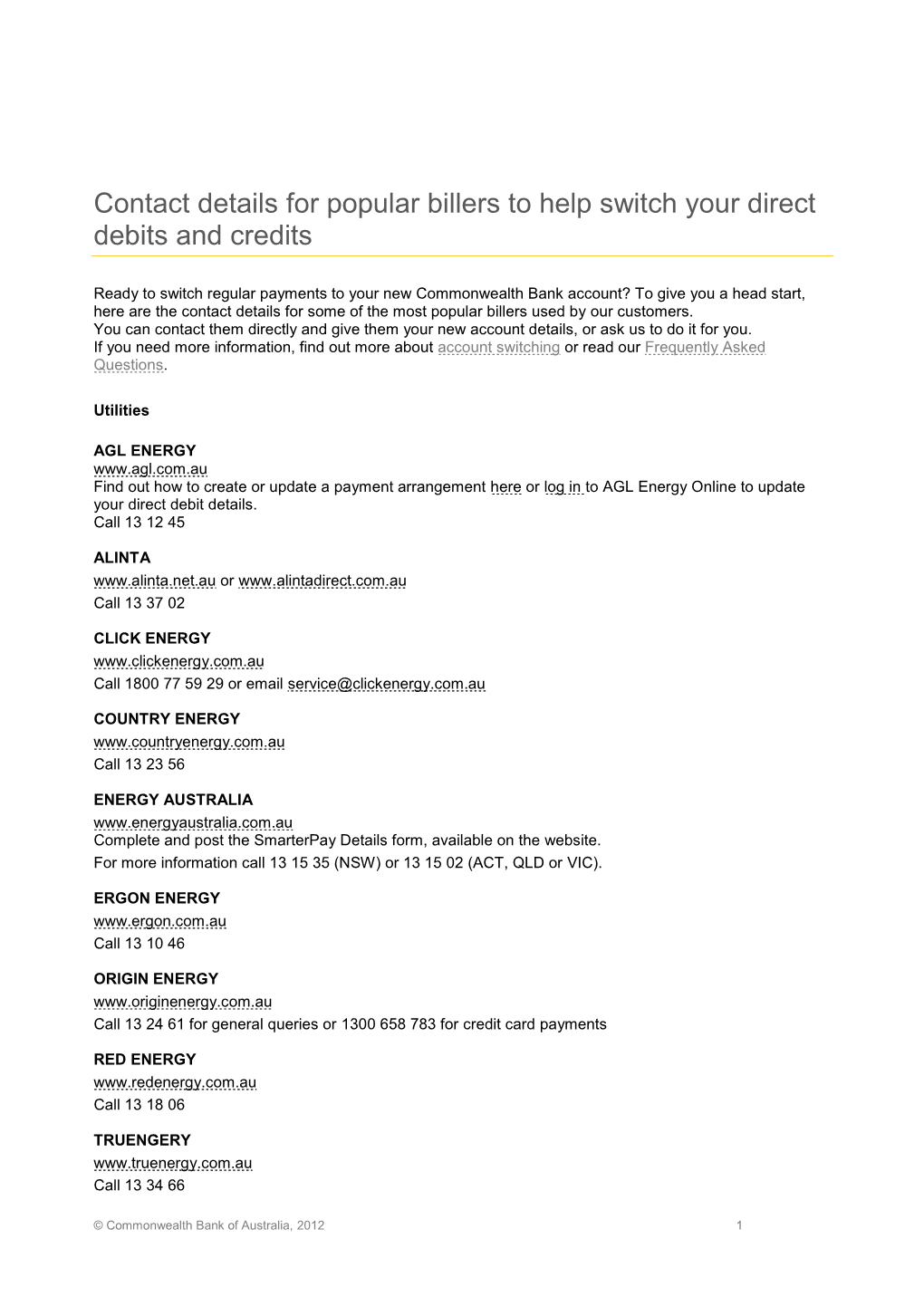 Contact Details for Popular Billers to Help Switch Your Direct Debits and Credits