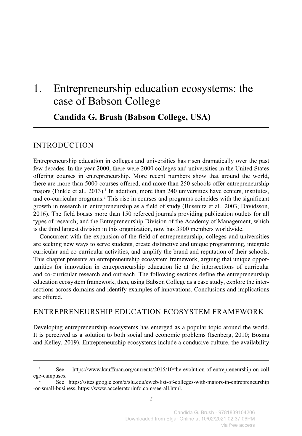 1. Entrepreneurship Education Ecosystems: the Case of Babson College Candida G