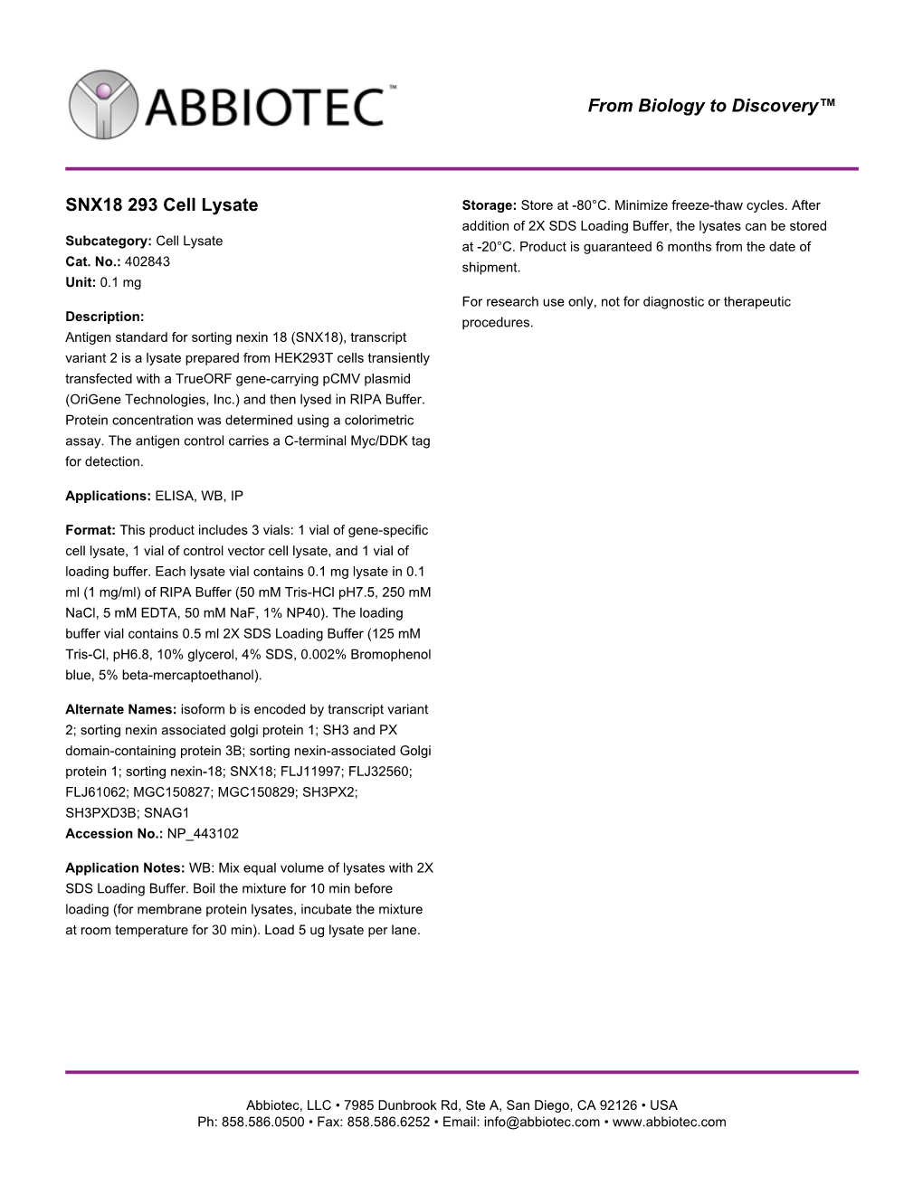 SNX18 293 Cell Lysate Storage: Store at -80°C