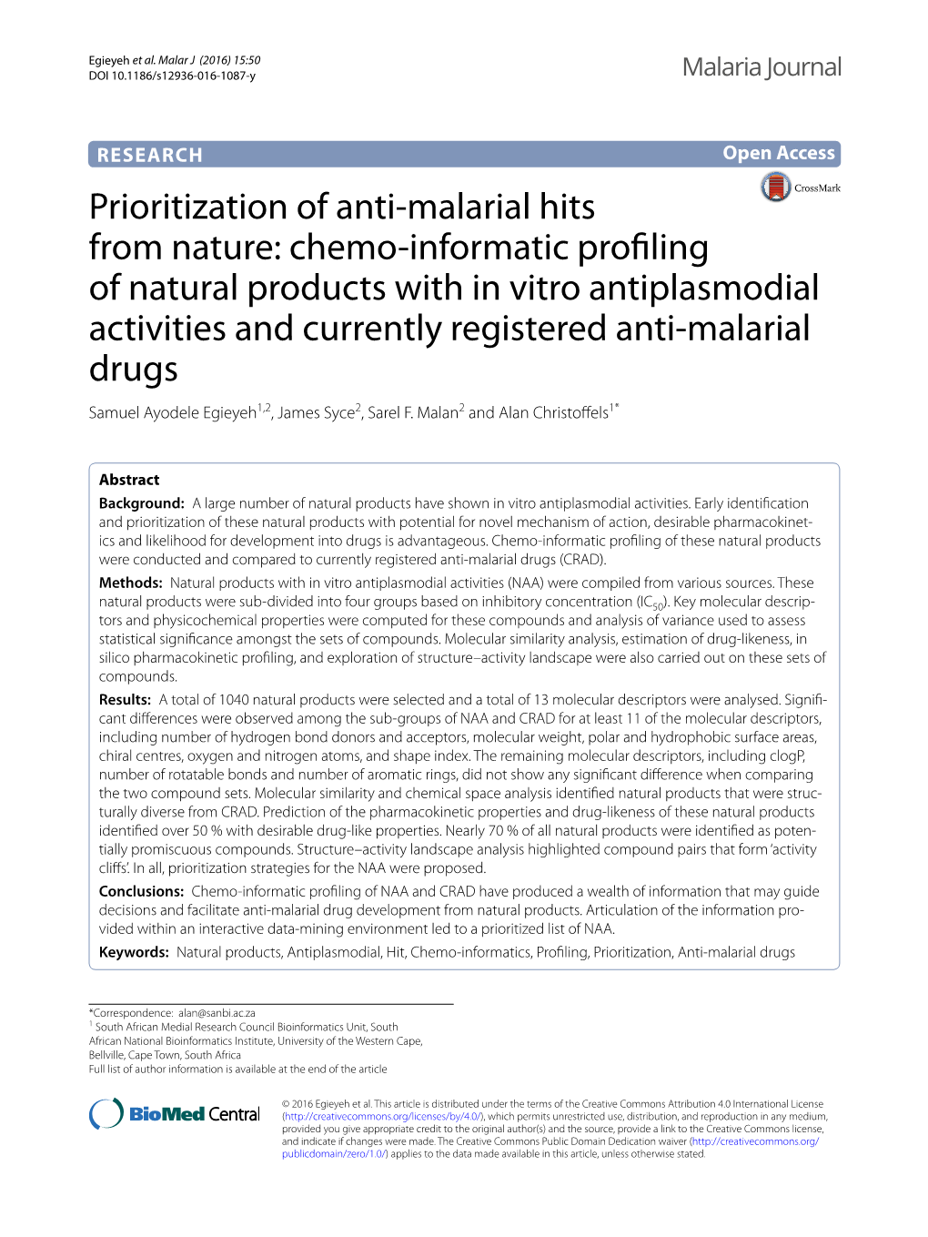 Prioritization of Anti-Malarial Hits from Nature: Chemo-Informatic Profiling Of