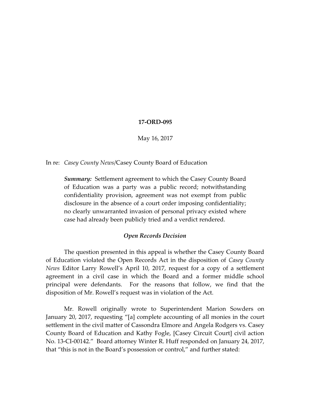 In Re: Casey County News/Casey County Board of Education