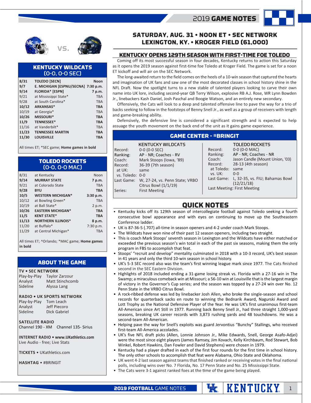 2019 Game Notes Quick Notes