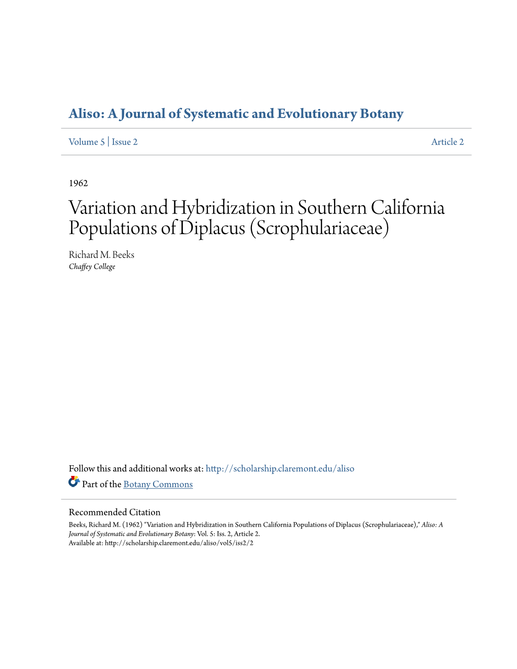 Variation and Hybridization in Southern California Populations of Diplacus (Scrophulariaceae) Richard M