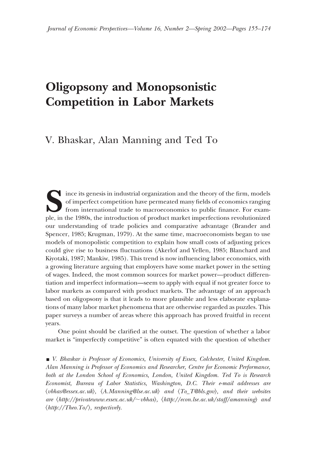 Oligopsony and Monopsonistic Competition in Labor Markets