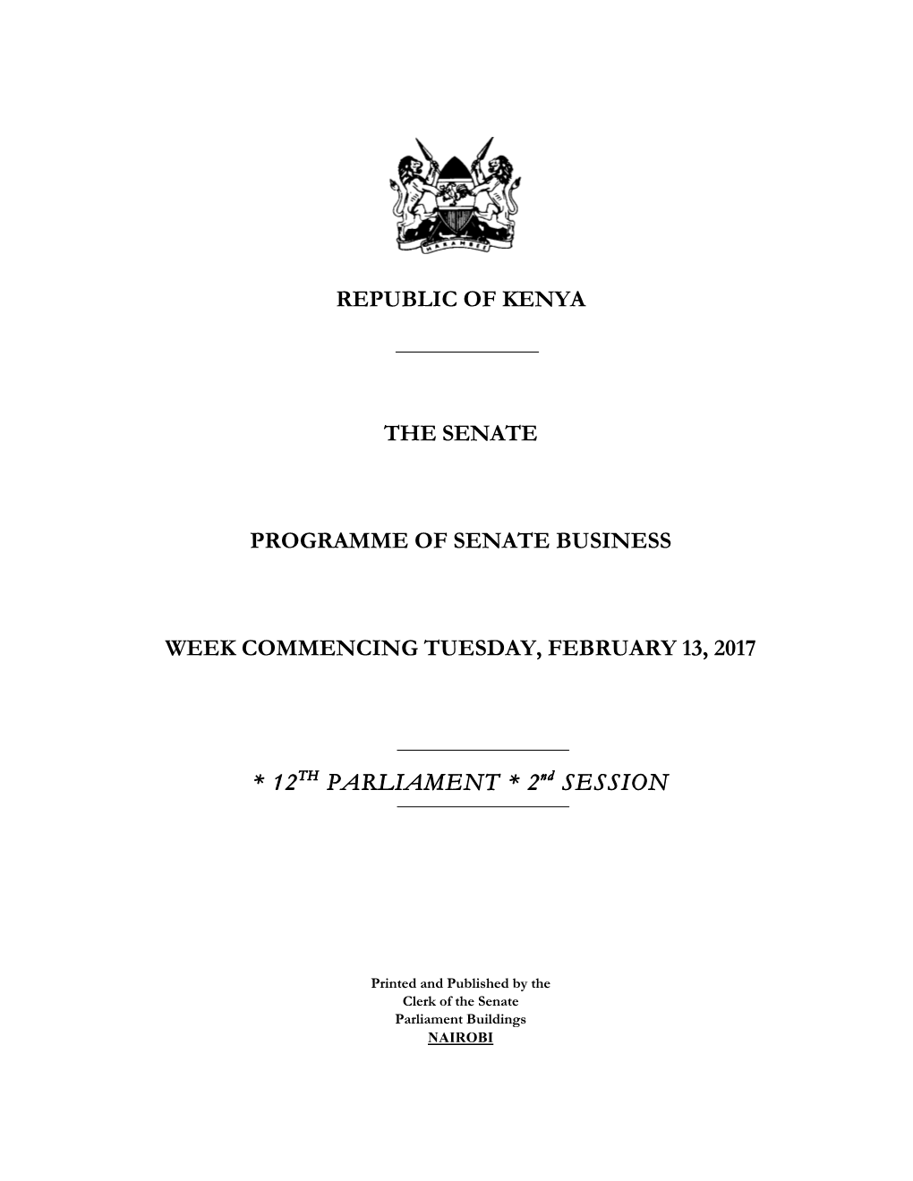 Republic of Kenya the Senate Programme of Senate