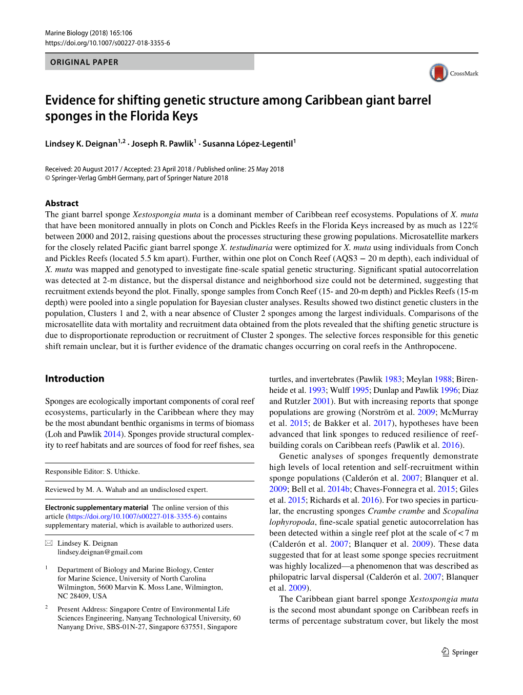 Evidence for Shifting Genetic Structure Among Caribbean Giant Barrel Sponges in the Florida Keys