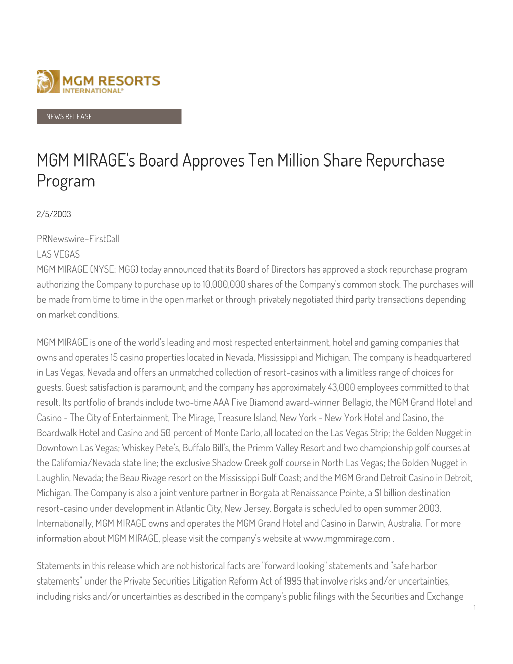 MGM MIRAGE's Board Approves Ten Million Share Repurchase Program