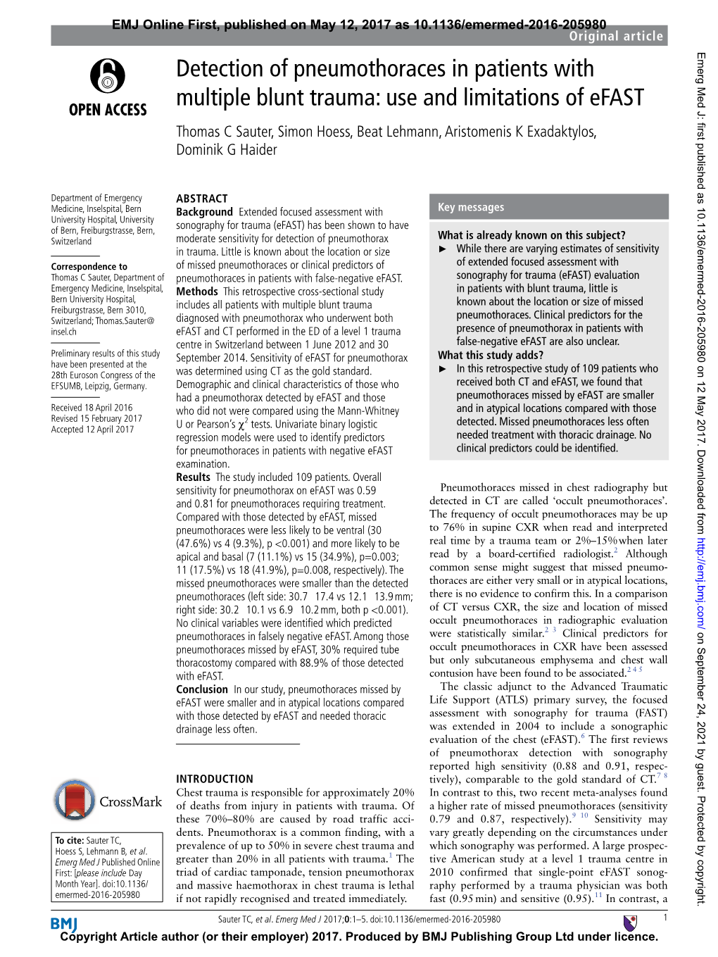 Detection of Pneumothoraces in Patients with Multiple Blunt Trauma