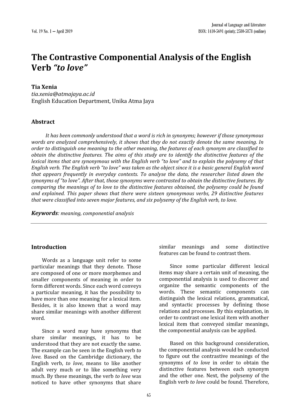 The Contrastive Componential Analysis of the English Verb “To Love”