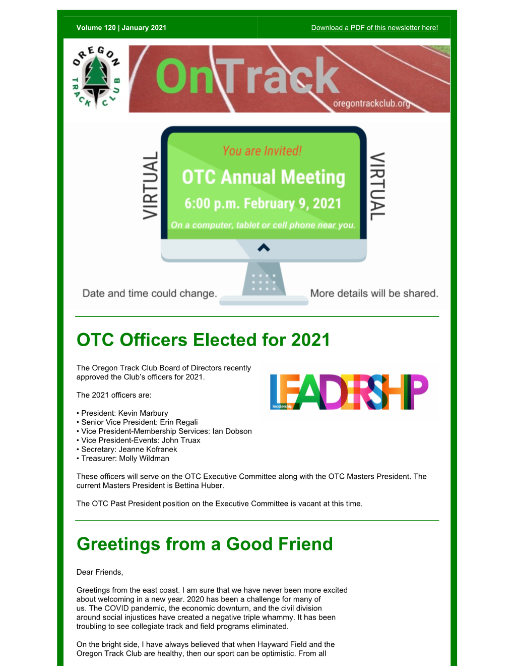 OTC Officers Elected for 2021 Greetings from a Good Friend