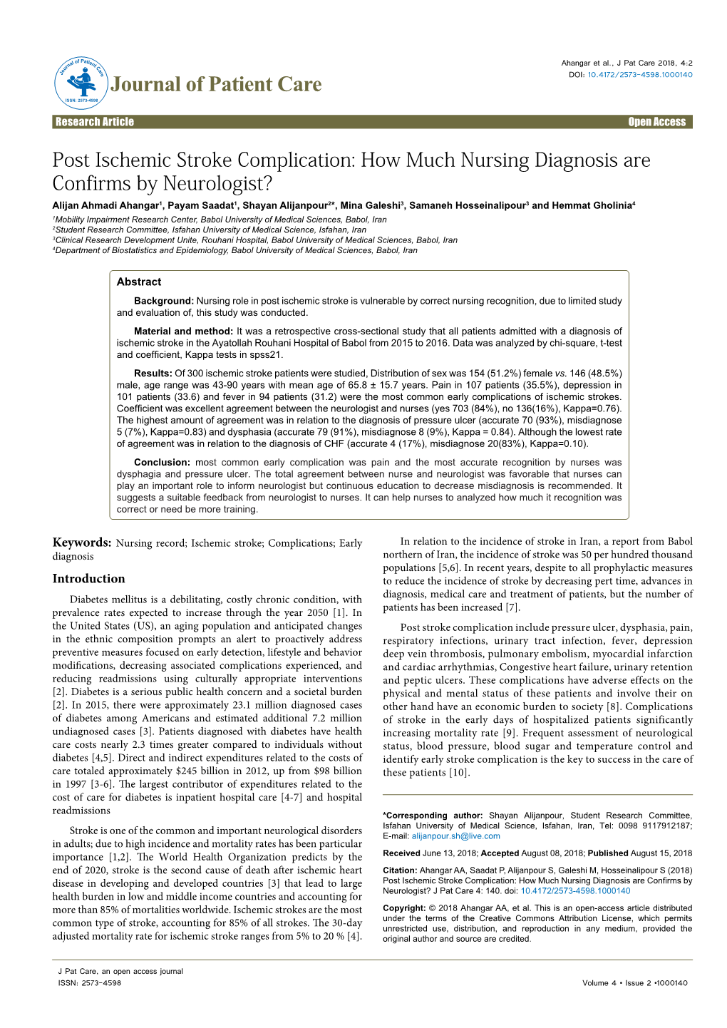 Post Ischemic Stroke Complication: How Much Nursing Diagnosis Are Confirms by Neurologist?