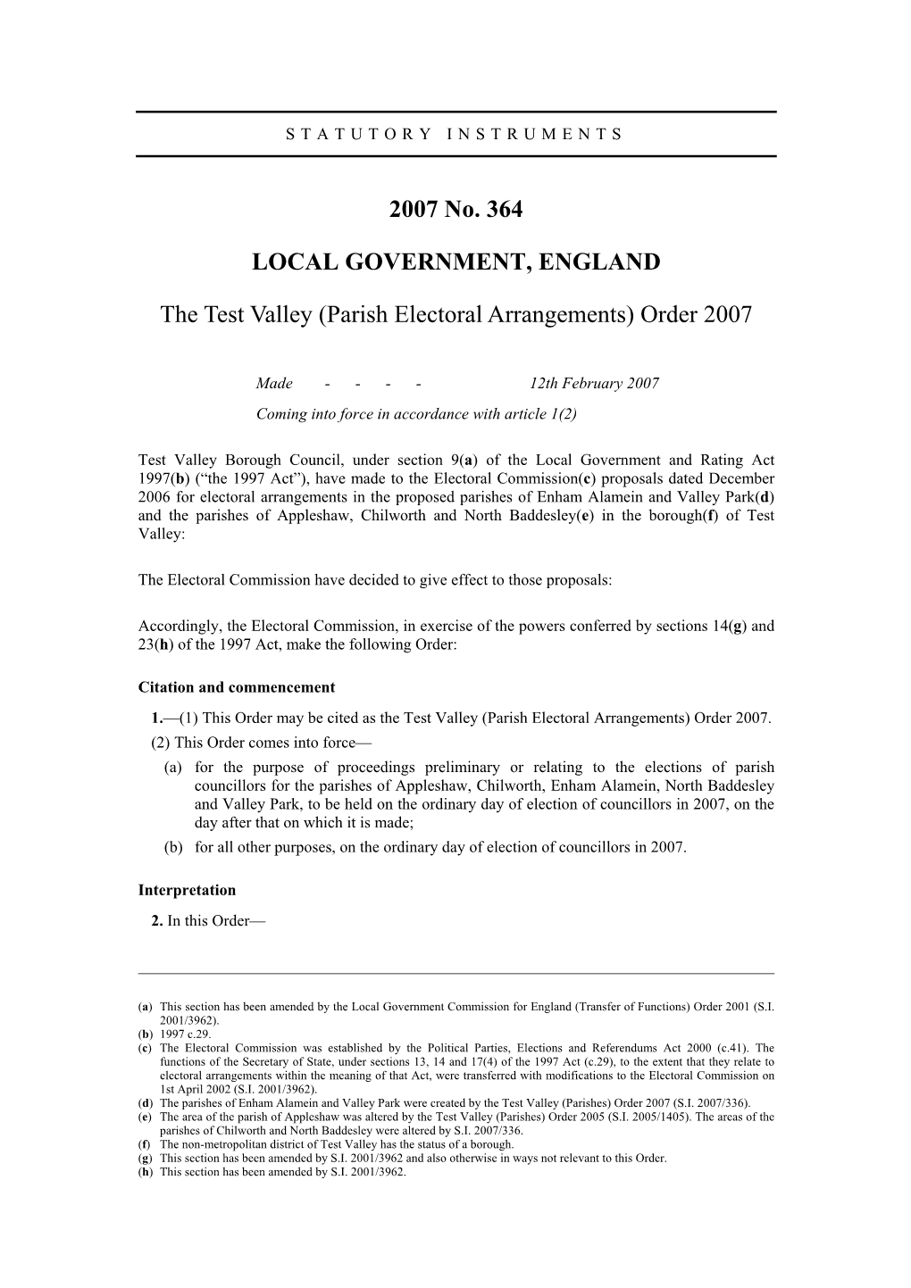 The Test Valley (Parish Electoral Arrangements) Order 2007