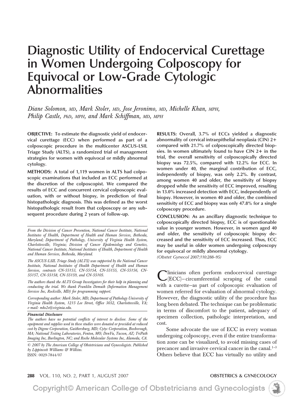 Diagnostic Utility of Endocervical Curettage in Women Undergoing Colposcopy for Equivocal Or Low-Grade Cytologic Abnormalities