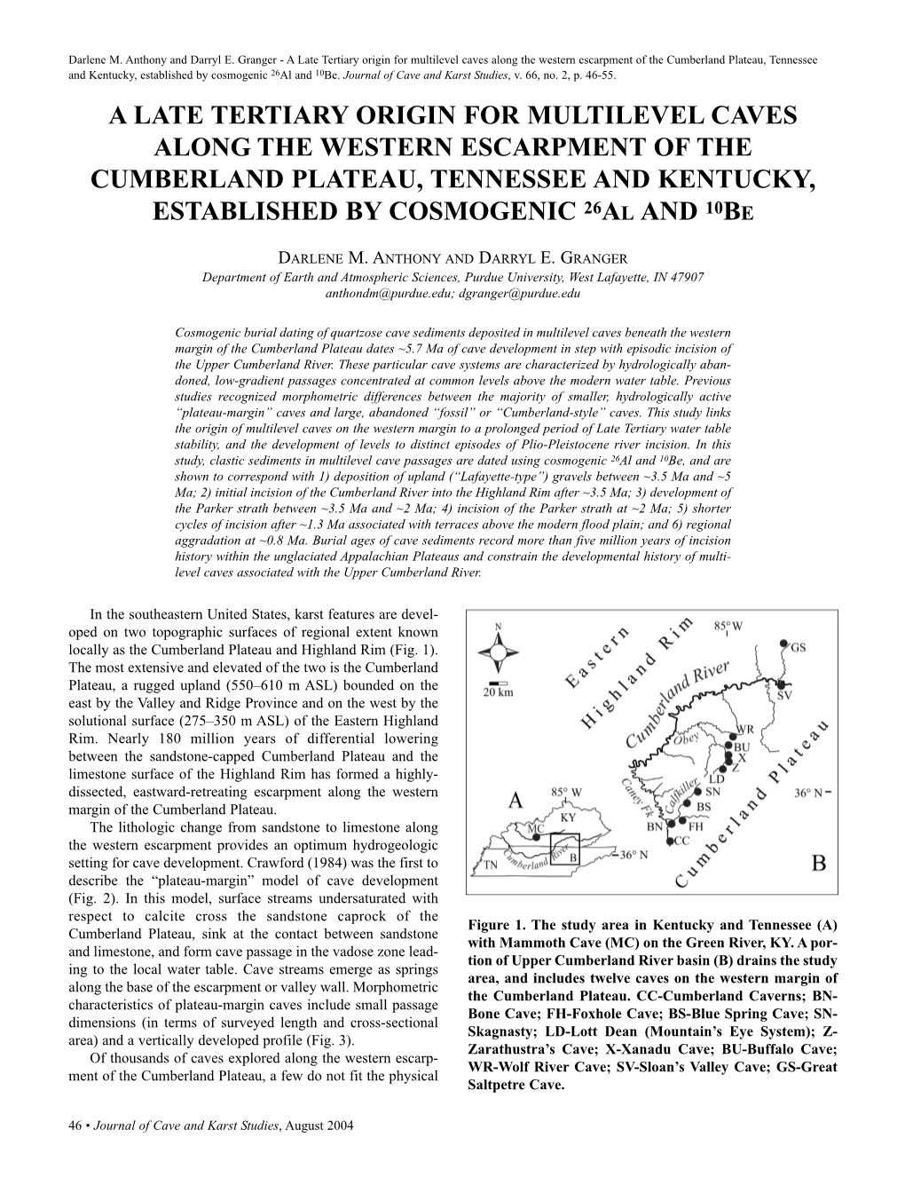 Origin for Multilevel Caves Along the Western Escarpment of the Cumberland Plateau, Tennessee and Kentucky, Established by Cosmogenic 26Al and 10Be